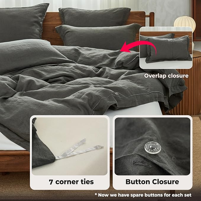 Simple&Opulence 100% Washed Linen Duvet Cover with Embroidered, 3 Pieces Soft Farmhouse Comforter Set with Button Closure,1 Duvet Cover and 2 Pillowshams(Queen,Charcoal Grey)