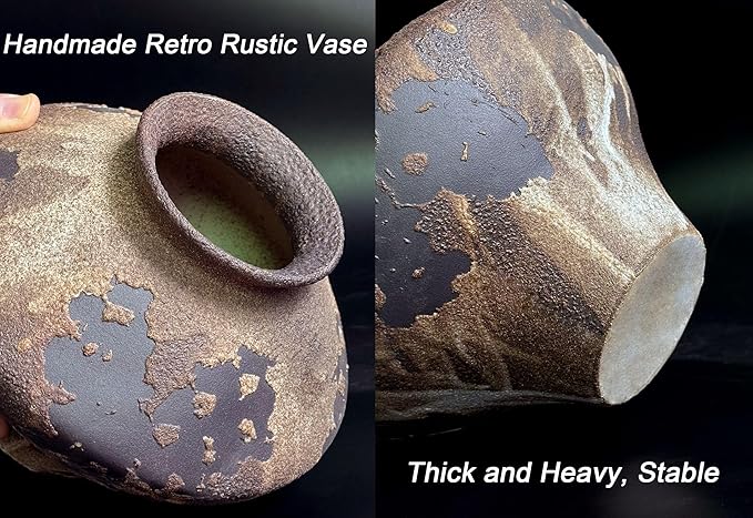 GeLive Rustic Brown Textured Ceramic Vase, 6.3-Inch Bulbous Wabi Sabi Boho Farmhouse Pottery, Distressed Vintage Accent Centerpiece for Dried & Fresh Flowers, Living Room Bedroom Office Home Decor