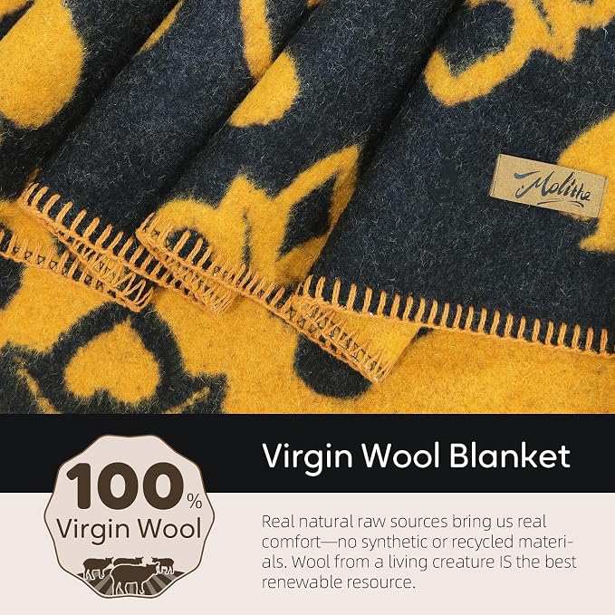 Molithe 100% Wool Blanket, 62" x 86", Warm, Thick, Washable, Military | Great for Camping, Outdoors, Sporting Events, Survival Kits Truffle Pumpkin