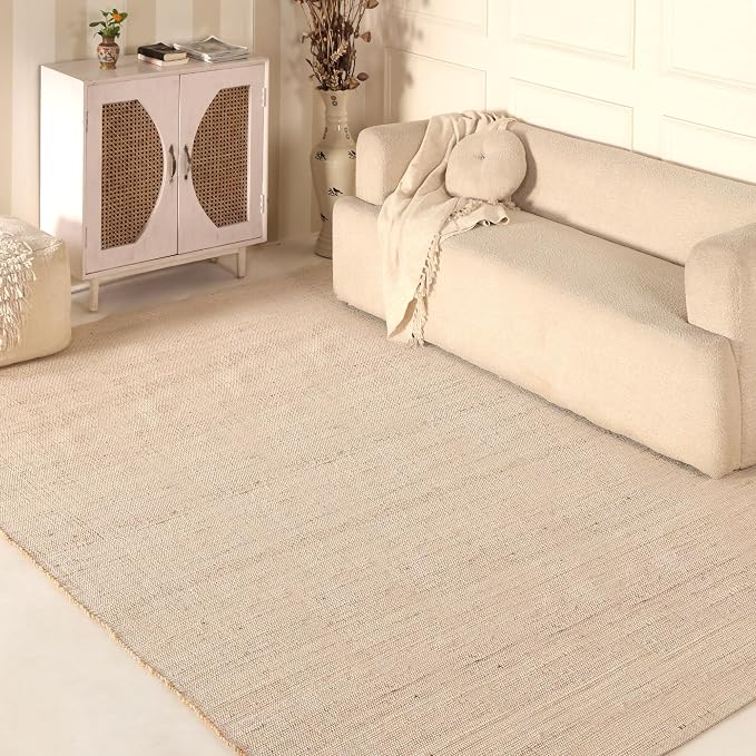 Natural Cotton Jute Area Rug 8x10 Feet – Rustic Vintage Bohemian Décor Handwoven Braided Farmhouse Rug for Living Room Bedroom & Dining Room