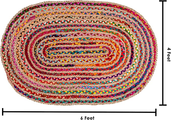Savi Home Farmhouse Jute Cotton Chindi Rug 4x6 Oval Multicolor, Handwoven Braided Area Rug for Living Room, Kitchen, Entryway & Bathroom
