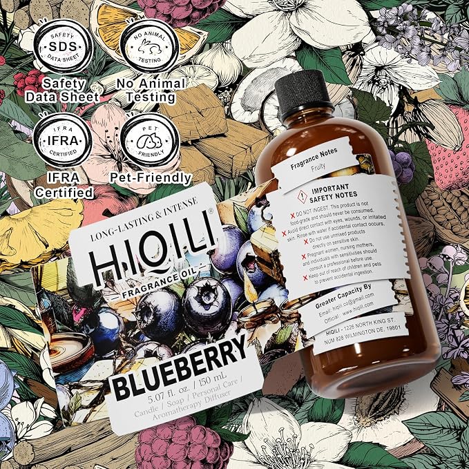 HIQILI Blueberry Fragranc Oil for Soap & Candle Making Supplies - 5.07Fl Oz | Fruity Scents for Reed Diffuser Oil Refill, Add to Lotion, Body Wash, Bath Bombs - 150 ML