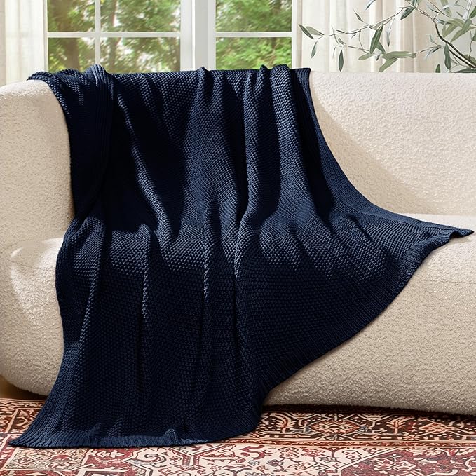 100% Cotton Cable Knit Throw Blanket, Large Lightweight Soft Knit Blanket for Sofa Couch Bed, Breathable All-Season Throw, Cozy Decorative Blanket, 60 x 80 Inch,Navy