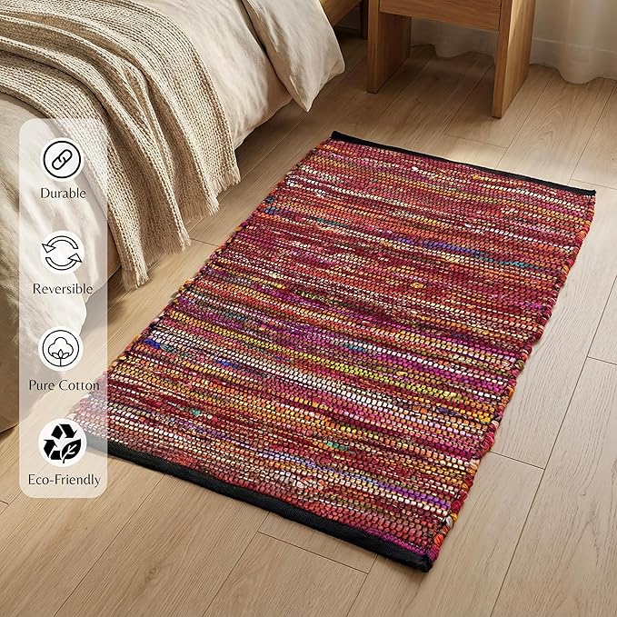 Ramanta Home Cotton Chindi Hand Woven Rug - 2x3 ft Multi Color, Reversible Area Rugs for Indoor, Outdoor, Living Room, Kitchen, Entryway | Boho Door Mat for Home Decor - 24x36 Inches