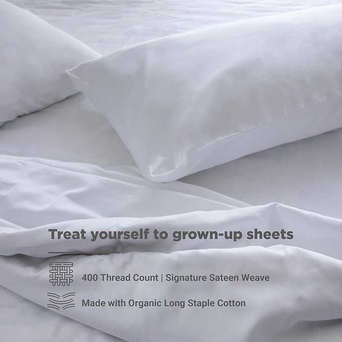 Fabdreams 100% Organic Cotton Twin Sheet Set | 400 Thread Count | Luxury Hotel Collection |GOTS Certified Premium Long Staple Cotton|Elasticised 16" Deep Pockets|Smoother Than Egyptian Cotton|White