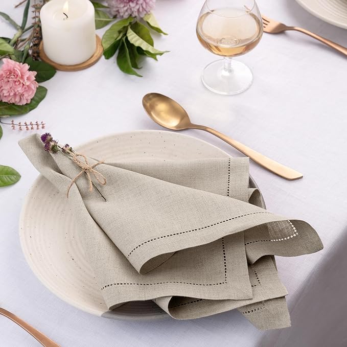 Signature Linen™ by D'Moksha Natural Dinner Napkins Set of 8, 20 x 20 Inch Cloth Napkins, 100% Pure Linen, Hemstitch, Machine Washable Table Napkins- Summer, Father's Day