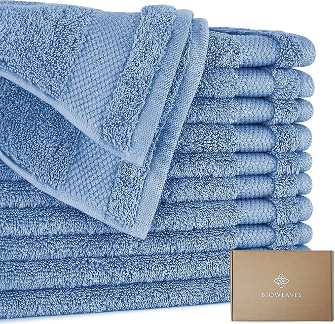 BIOWEAVES 100% Organic Cotton 700 GSM Plush Washcloths 13" x 13" GOTS Certified - Cerulean Blue, Pack of 12