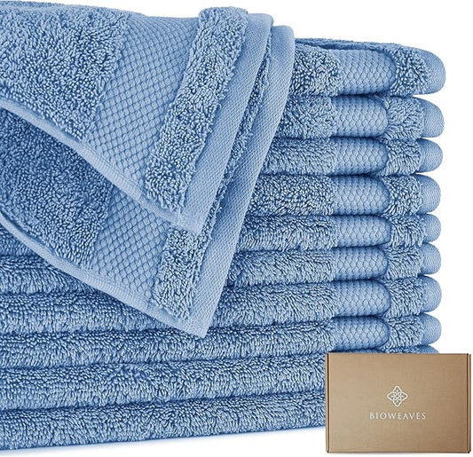 BIOWEAVES 100% Organic Cotton 700 GSM Plush Washcloths 13" x 13" GOTS Certified - Cerulean Blue, Pack of 12