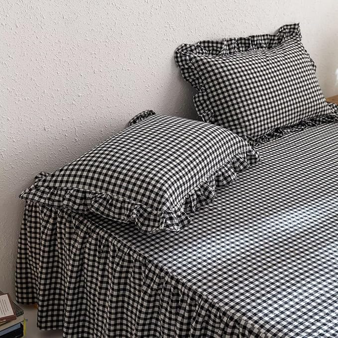 mixinni Black White Gingham Ruffle Duvet Cover Queen Size 3 Pieces – 100% Washed Cotton, Vintage Plaid Ruffled Bedding Set with Zipper Ties, Soft Checkered Grid Farmhouse Chic Comforter Cover Set