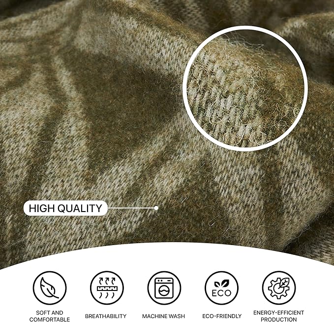 | Wool Blanket/Throw | 100% New Zealand Wool | Perfect for Home and Outdoors | Virgin Wool Blanket with Fringes 55"x79" (140 x 200 cm) (Olive Leaves)