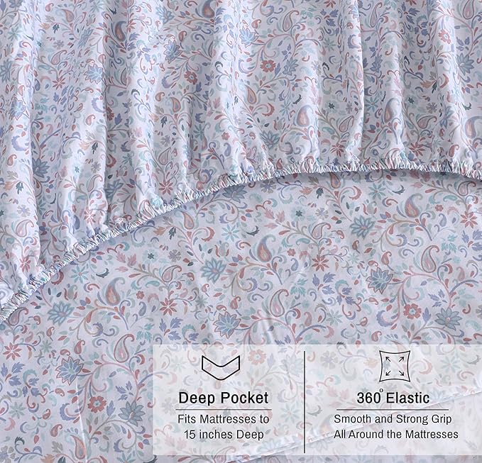 RUVANTI 100% Cotton Organic Percale Sheets Queen Size – Crisp Cooling Bed Sheets for Hot Sleepers, Deep Pocket 15”, Soft Peach Finish, Breathable & Durable Hotel-Style 4 Pcs, Multi Paisley
