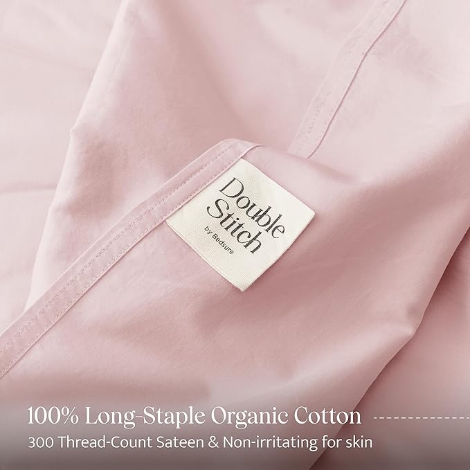 Double Stitch 100% Organic Cotton Sheets, King Size Sheets Set, GOTS Certified Long Staple Cotton Bedsheets, Luxury & Soft Hotel Bed Sheets with 16 inches Deep Pocket, Made in India Light Pink