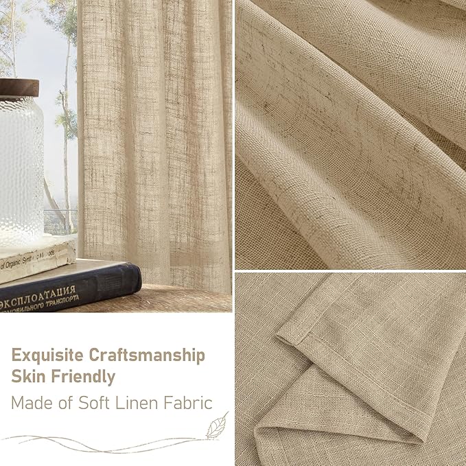 LAMIT Linen Blended Curtains for Bedroom, Faux Linen Textured Light Filtering Drapes Back Tab and Rod Pocket Boho Burlap Panels for Farmhouse/Living Room, 2 Panels, 52 x 80 Inch, Brown