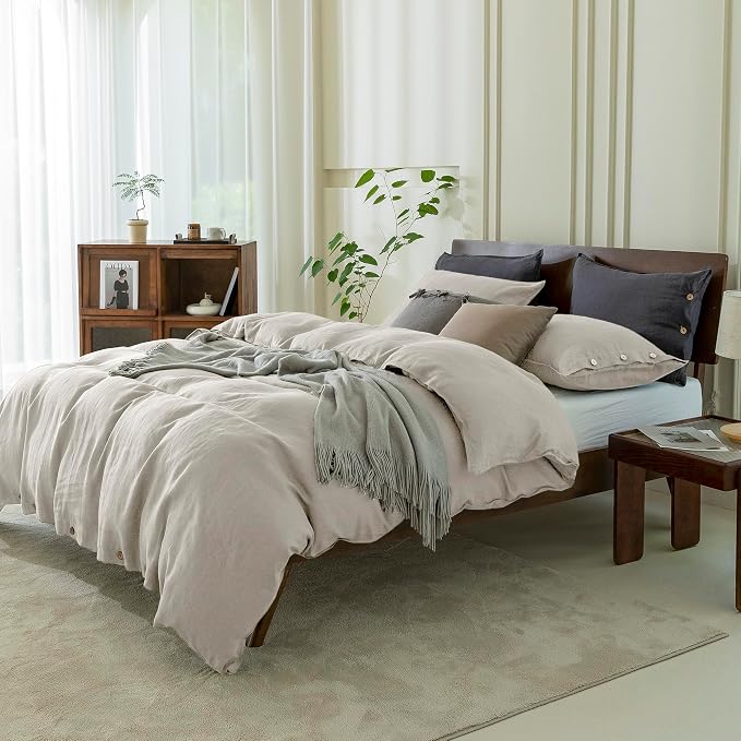 EVERLY 100% Pure Linen Duvet Cover Set King Size 104x90 Inch 3 Pieces (1 Duvet Cover, 2 Pillowcases) Soft and Breathable for All Season with Coconut Button Closure, Suitable for Hot Sleepers