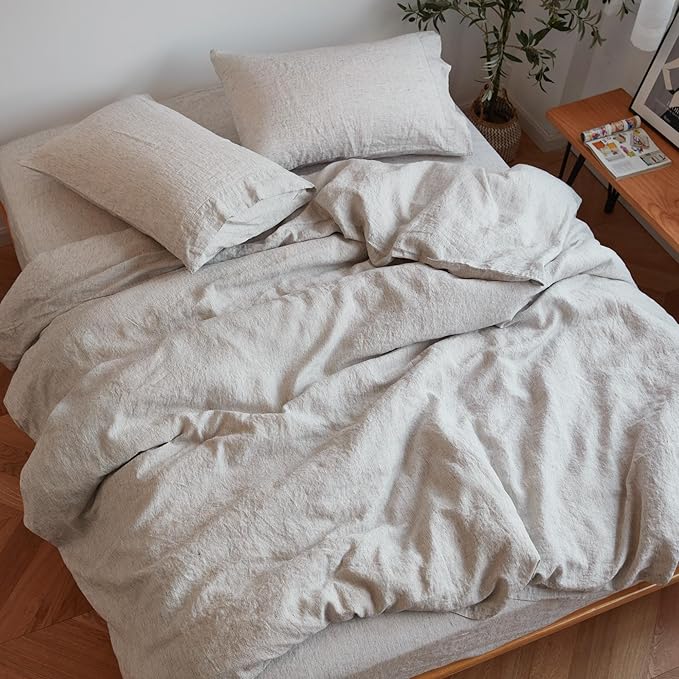 Sijo Stone Washed Organic French Linen Bed Sheet Set, GOTS Certified Organic, Best Cooling Linen Sheet Award by Sleep Foundation, 4 Piece - 2 Pillowcases, 1 Fitted and 1 Flat (Pinstripe, Cal King)