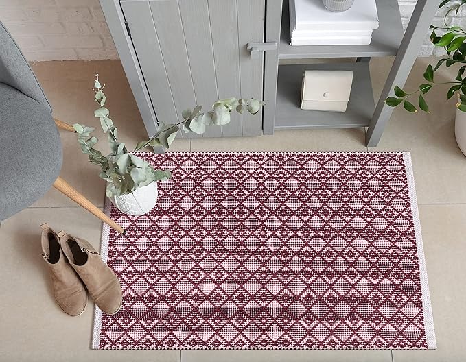 Cotton Diamond Woven Area Rug 2x3 Feet - Burgundy, Anti Slip Soft Durable Cotton Boho Front Door Mat Ideal for Entryway, Kitchen, Bedroom | Laundry Space Machine Washable Throw Carpet for Balcony