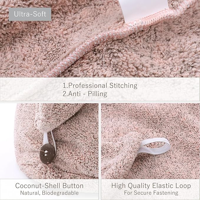 myHomeBody Hair Towel Wrap, Quick Drying Turban, Absorbent Cap – Pink | Hair Turban Towel for wet hair, Ultra Soft Charcoal Fiber Cap, Towel Head Wrap for bathing with Coconut Shell Button