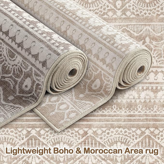Tortania Area Rug Living Room Rugs - 10x12 Washable Large Soft Neutral Boho Moroccan Bohemian Farmhouse Rug Indoor Floor Carpet for Bedroom Under Dining Table Home Office Decor - Light Brown
