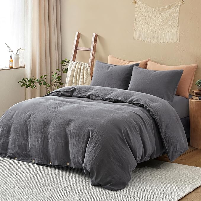 ATLINIA 100% Flax Linen Duvet Cover Set - Stone Washed Pure French Linen Organic Fabric for Farmhouse Comforter Boho Bedding Included 1 Duvet Cover 2 Pillow Shams(Dark Grey, California King)