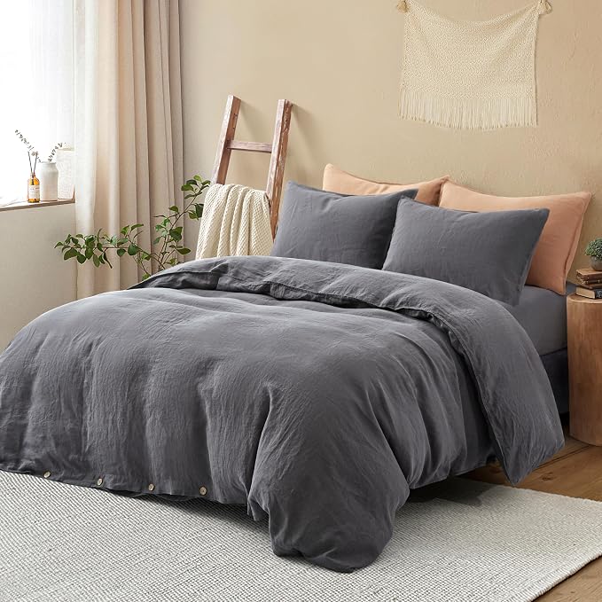 ATLINIA 100% Flax Linen Duvet Cover Set - Stone Washed Pure French Linen Organic Fabric for Farmhouse Comforter Boho Bedding Included 1 Duvet Cover 2 Pillow Shams(Dark Grey, Queen)
