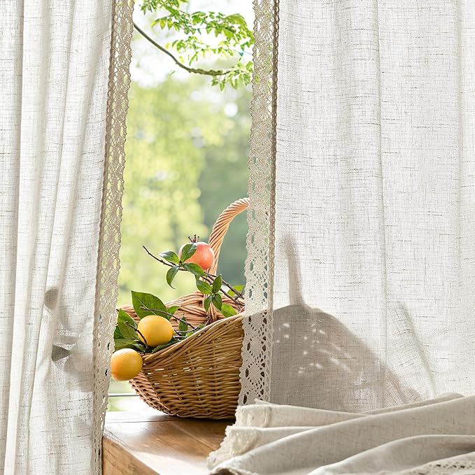 jinchan Linen Blend Curtains for Living Room Bedroom Light Filtering Semi Sheer Curtains Boho Farmhouse French Country Cottage Core Decor Window Drapes Back Tab 72 Inch Length Laced Beige