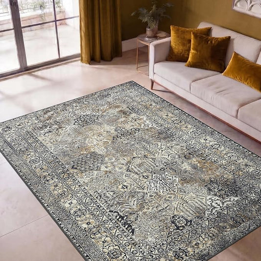 Keen Home Design 5x7 Rug - Machine Washable Area Rug with Non-Slip Backing, Ideal for Living Room, Dining Room, Bedroom - Vintage, Easy Clean, Durable, Low Pile Rug - (5' x 7')