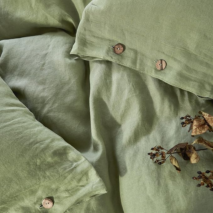 Simple&Opulence 100% Linen Duvet Cover Set 3pcs with Coconut Button Closure Natural French Washed Flax Solid Color Soft Breathable Farmhouse Bedding - Sage Green, Full Size