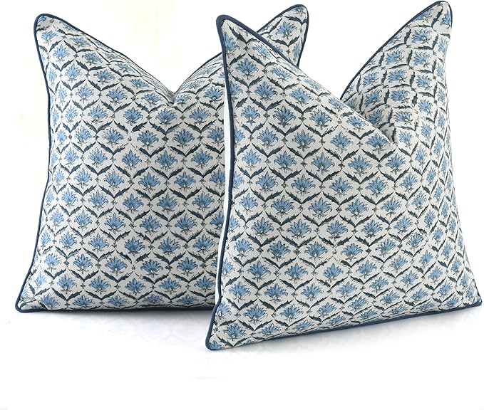 CPC Jeans Blue Block Print Throw Cushion Cover 24 x 24 Inch Set 2 - Decorative Boho Floral Pillow Case for Living Room, Bed, Sofa, Couch, Home Decor Cushion Cover Gift for Spring, Mother's Day