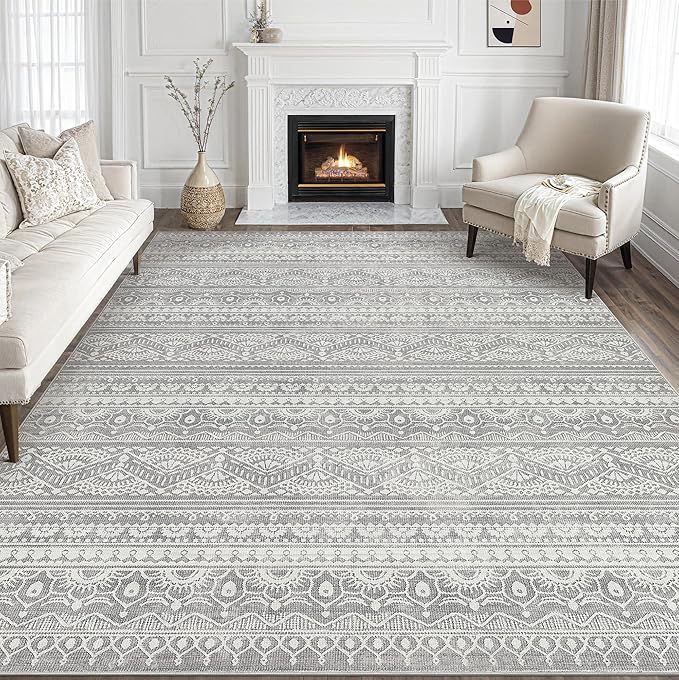 Tortania Area Rug Living Room Rugs - 10x14 Washable Large Soft Neutral Boho Moroccan Bohemian Farmhouse Rug Indoor Floor Carpet for Bedroom Under Dining Table Home Office Decor - Neutral Grey