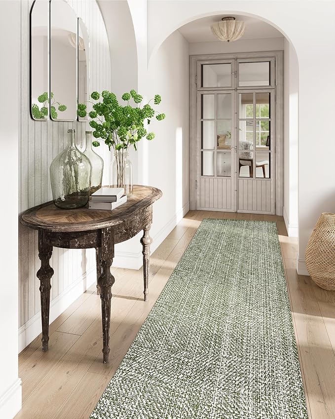 LEEVAN Hallway Runner Rug 2.6x10 ft, Cotton Woven Washable Runner Rug, Green Braided Low Pile Kitchen Runners Rugs, Modern Bathroom Rugs Long Front Door Floor Carpet for Classroom/Bedroom/Doorway