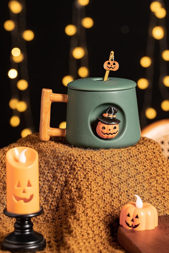 DIHOclub Adorable 3D Ceramic Pumpkin Head Mug with Lid and Spoon - Perfect for Coffee, Tea, Milk, and More - Ideal Gift for Halloween - 14 Ounces (HalloweenG)