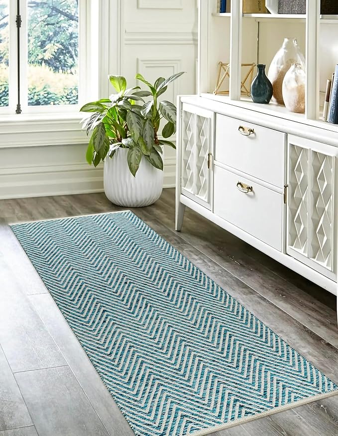 Cotton Chevron Hand Woven Area Runner Rug 2x6 Feet - Teal, Farmhouse Decorative Floor Runners Ideal for Hallways, Kitchen, Bedroom | Green Nursery Durable Geometric Reversible Living Space Patio Mats