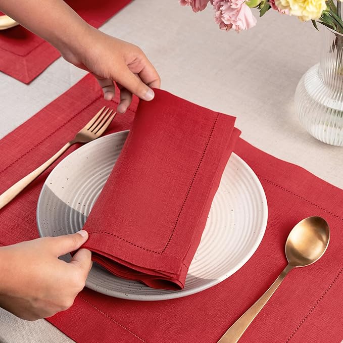 Signature Linen™ by D'Moksha Racing Red Dinner Napkins Set of 8, 20 x 20 Inch Cloth Napkins, 100% Pure Linen, Hemstitch, Machine Washable Table Napkins- Summer, Father's Day