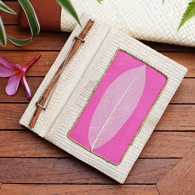NOVICA Multicolor Pink Natural Fiber Paper Eco-Friendly Journals from Indonesia 'Pink Leaf'