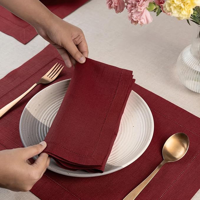 Signature Linen™ by D'Moksha Red Garnet Dinner Napkins Set of 4, 20 x 20 Inch Cloth Napkins, 100% Pure Linen, Hemstitch, Machine Washable Table Napkins- Summer, Father's Day