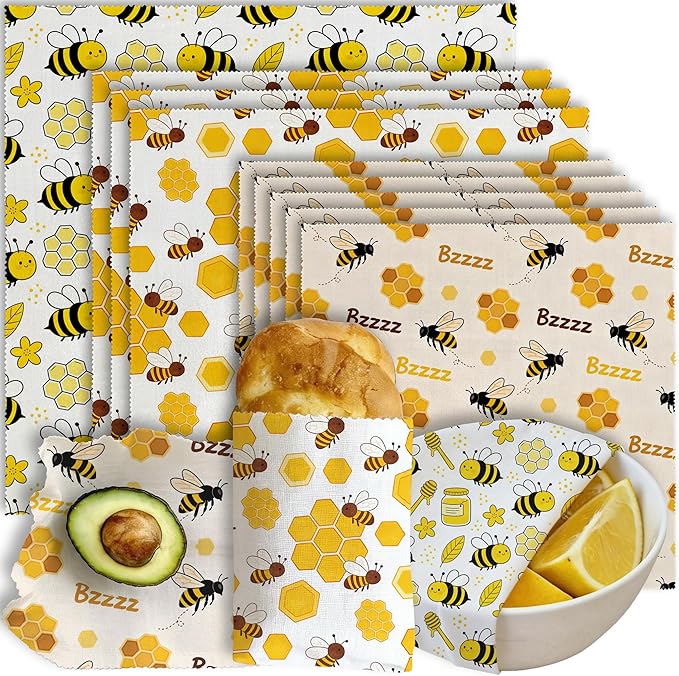 Reusable Beeswax Wraps, 9 Pack For Sandwich, Bread, Fruit, Bowl, Organic, Sustainable, Zero Waste, Plastic-Free, Eco-Friendly Food Storage, 1XL, 3M, 5S, Bee and Honeycomb Pattern