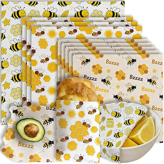 Reusable Beeswax Wraps, 9 Pack For Sandwich, Bread, Fruit, Bowl, Organic, Sustainable, Zero Waste, Plastic-Free, Eco-Friendly Food Storage, 1XL, 3M, 5S, Bee and Honeycomb Pattern