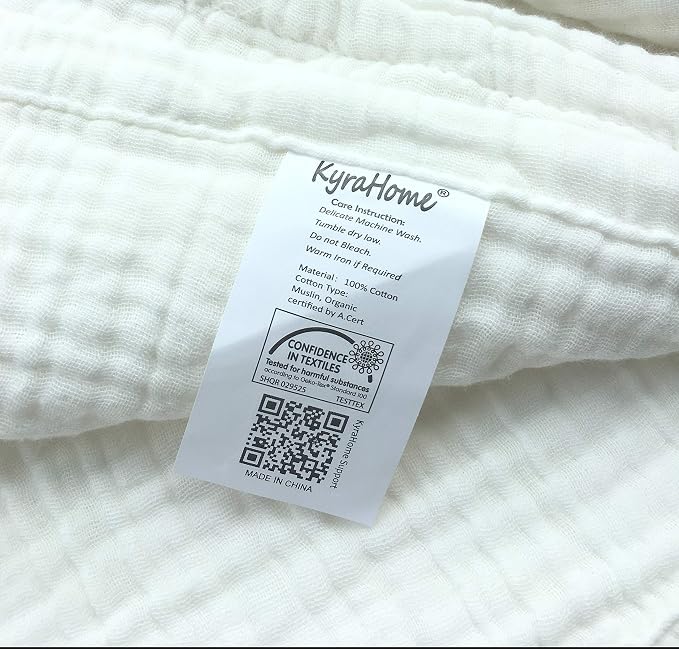 KyraHome 100% Cotton Throw Blanket 60"x80" Large Muslin Blankets for Adults, Couch, Picnic, Travel, Plant Dyed Pre-Washed Breathable Lightweight Soft Summer Blanket, All Season, White