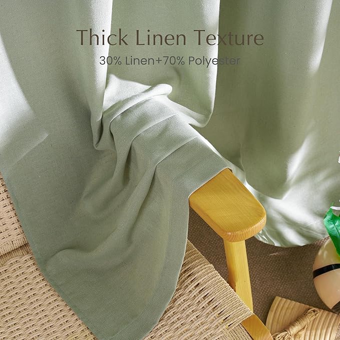 NICETOWN Thick Linen Living Room Curtains 96 inches Long, Rod Pocket & Back Tab Privacy Added Flax Window Drapes for Living Room/Farmhouse, Greyish Green, W55 x L96, 2 Panels