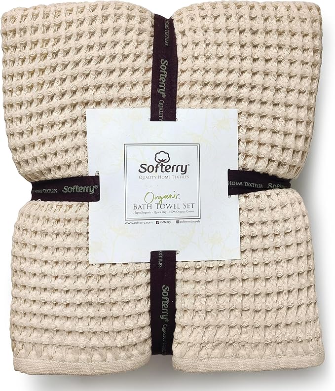 Softerry European Waffle Weave Bath Towel Set - 100% Organic Cotton - Quick Dry Lint Free Thin and Absorbent - Fade Resistant - Eco-Friendly (Set of 2 Bath, Natural)