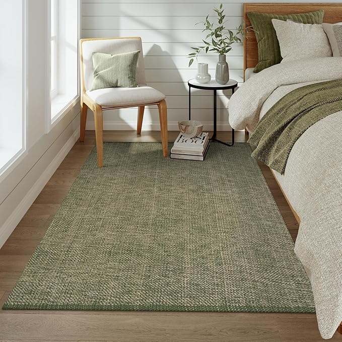 LEEVAN Washable Area Rug 4x6, Hand-Woven Cotton Living Room Rug, Green/Natural Braided Bedroom Rug, Farmhouse Indoor/Outdoor Floor Carpet for Patio, Nursery, Office, Playroom, Dining Room