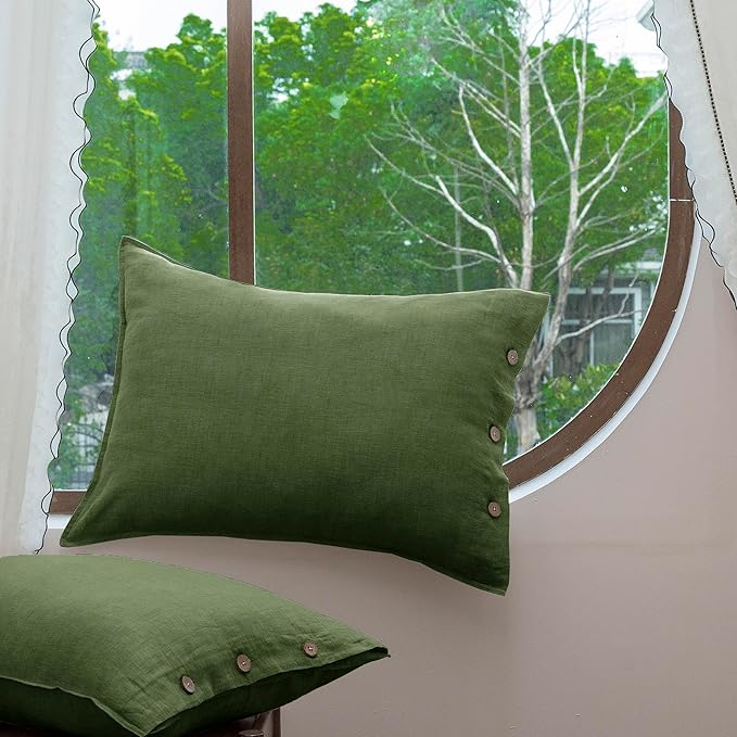 EVERLY 100% Linen Pillowcases Set of 2, French Linen from Normandy, 20X30Inch Standard Size, Natural Color, Coconut Buttons Closure, Flax Pillowshams-Pillowcase-Mossy Green
