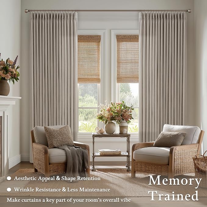 Taupe Flax Linen Curtains 90 Inches Long for Living Room Bedroom 2 Panels Set Pinch Pleated Neutral Farmhouse Burlap Windows Curtain for Dining Room Light Filtering Drapes Tan Brown Burlywood Birch