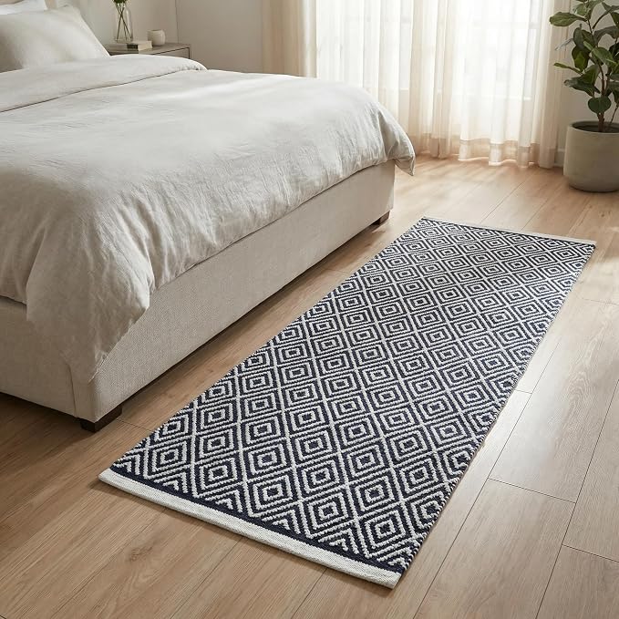 Chenille Cotton Diamond Runner Rug 2x5 Feet - Navy, Reversible Washable Soft Floor Runners Ideal for Kitchen, Hallway, Bedroom, Bathroom | Blue Farmhouse Boho Indoor Use Rugs for Patio Décor
