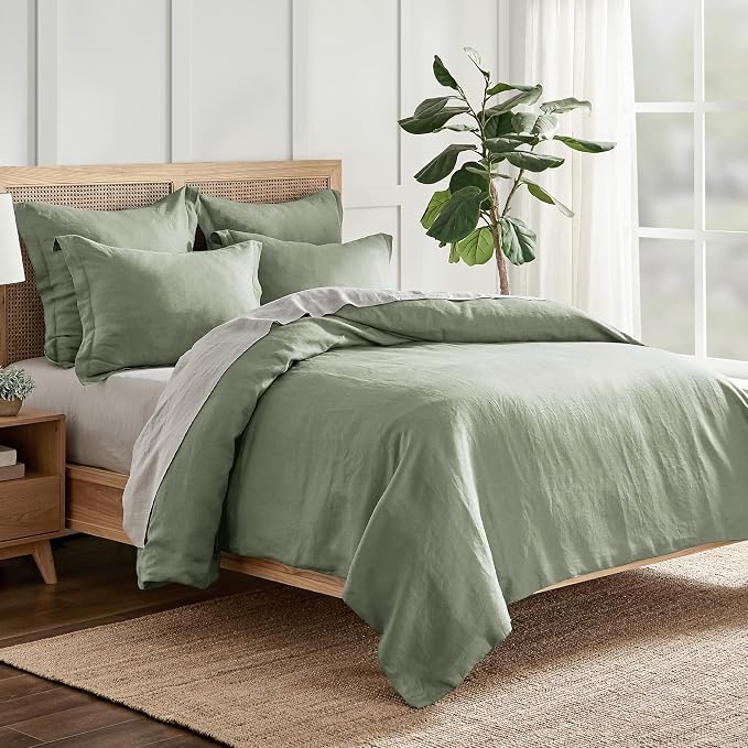 Levtex Home - 100% French Flax Linen - Full/Queen Duvet Cover - French Flax Washed Linen - Sage Green - Duvet Cover Size (90x94in.)