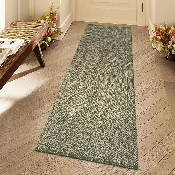 LEEVAN Washable Kitchen Runner Rug 2'x6', Cotton Woven Entryway Rug Reversible Hallway Runners, Modern Bathroom Rugs Farmhouse Kitchen Mat, Long Carpet for Nursery Foyer(Green&Natural)