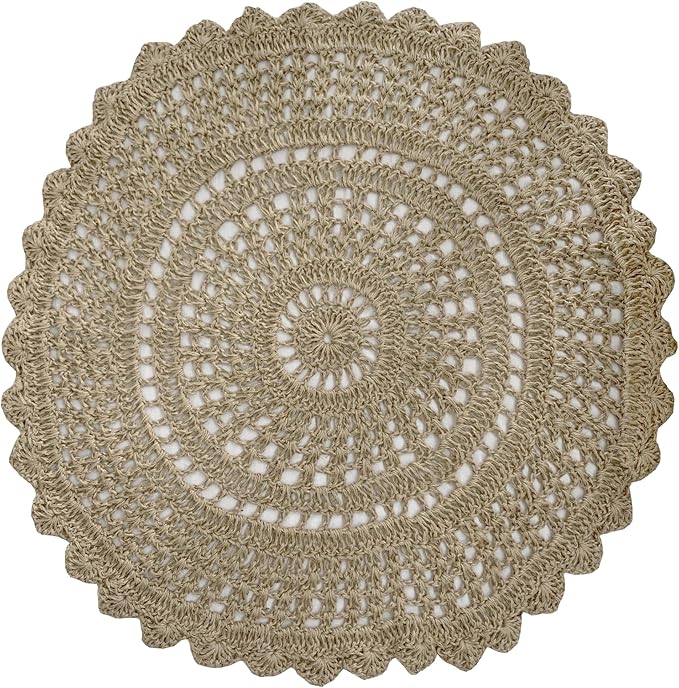 THE BEER VALLEY Jute Hand Crochet Rug 3 Feet Round - Natural | Non-Slip Farmhouse Small Circle Rug for Bedroom, Kitchen, Nursery - Accent Decorative Scalloped Floor Mat