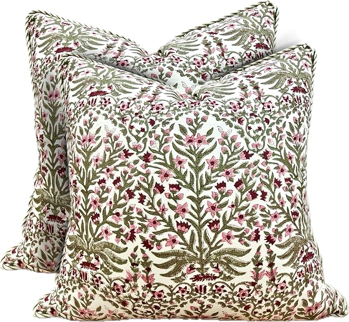 ATOSII Block Print Throw Pillow Covers, 24" X 24" - Set of 2, Decorative Couch Pillows for Living Room Bed Sofa, 100% Cotton Canvas Pillow Case for Home Decor & Outdoors, Preppy Throws - Nargis Pink