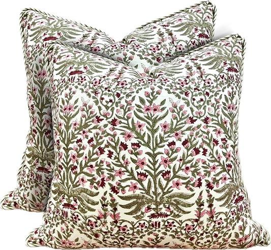 ATOSII Block Print Throw Pillow Covers, 18" X 18" - Set of 2, Decorative Couch Pillows for Living Room Bed Sofa, 100% Cotton Canvas Pillow Case for Home Decor & Outdoors, Preppy Throws - Nargis Pink