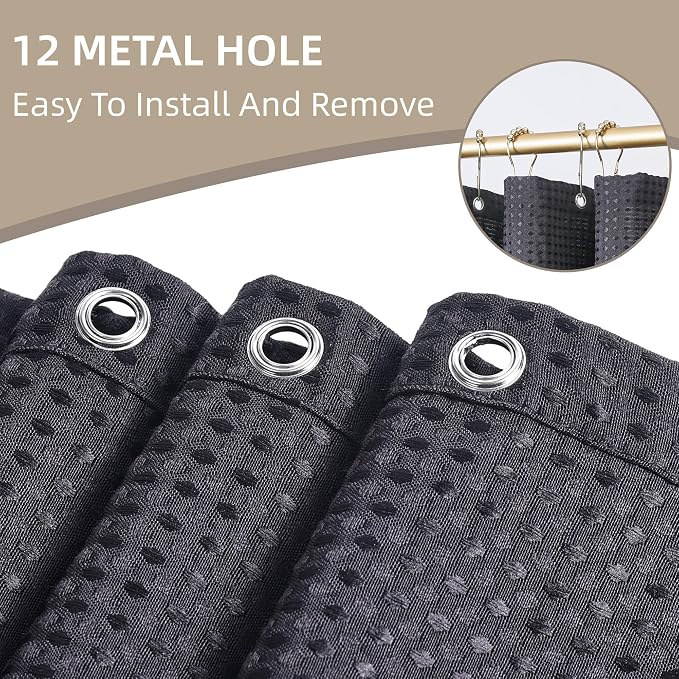 Black Fabric Shower Curtain -256GSM Waffle Thickened Heavy Duty Shower Curtain with 12 Stainless Steel Hooks, 72x72 inch, Black